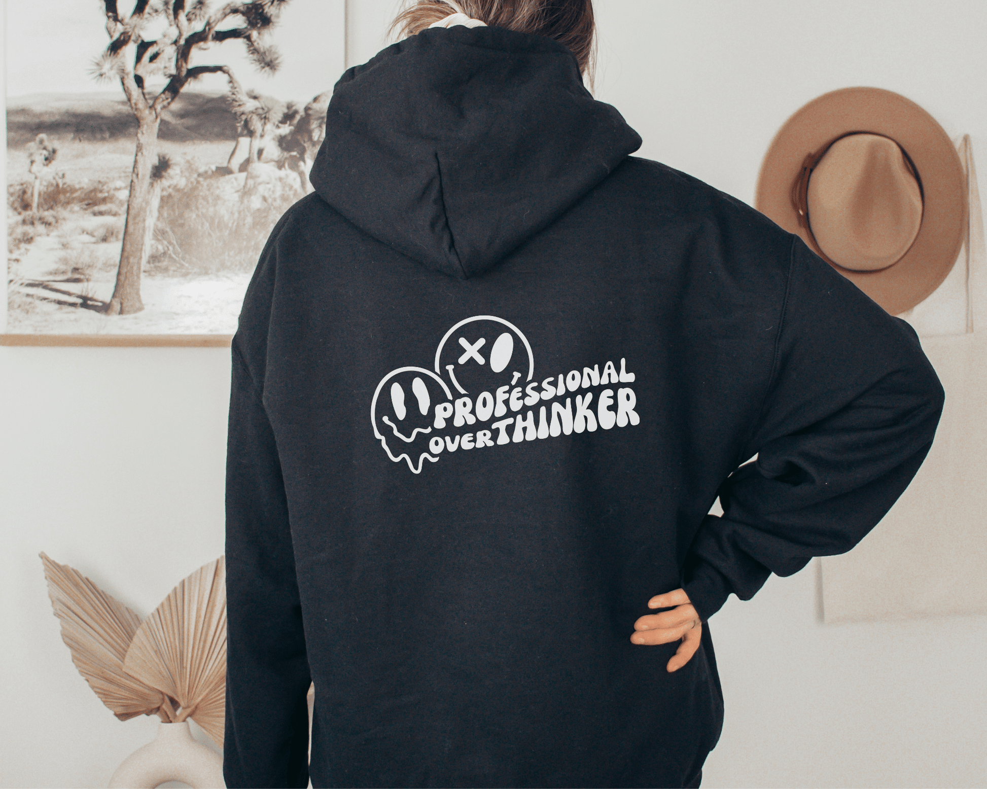 Professional Overthinker Hoodie in Black, front of hoodie.