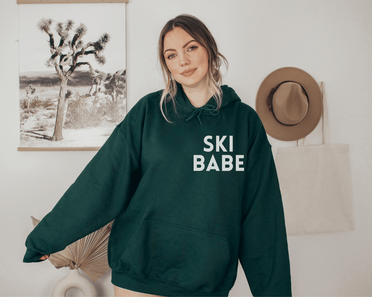 Ski Babe Hoodie in Forest, front of hoodie.