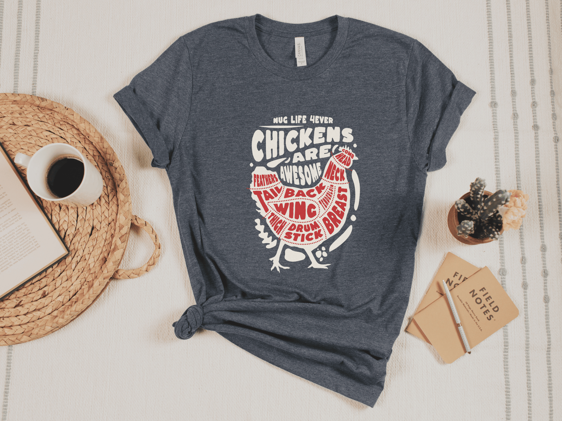 Chickens are Awesome T-shirt in Heather Navy. Nug Life 4Ever. Sketch of a Chicken.