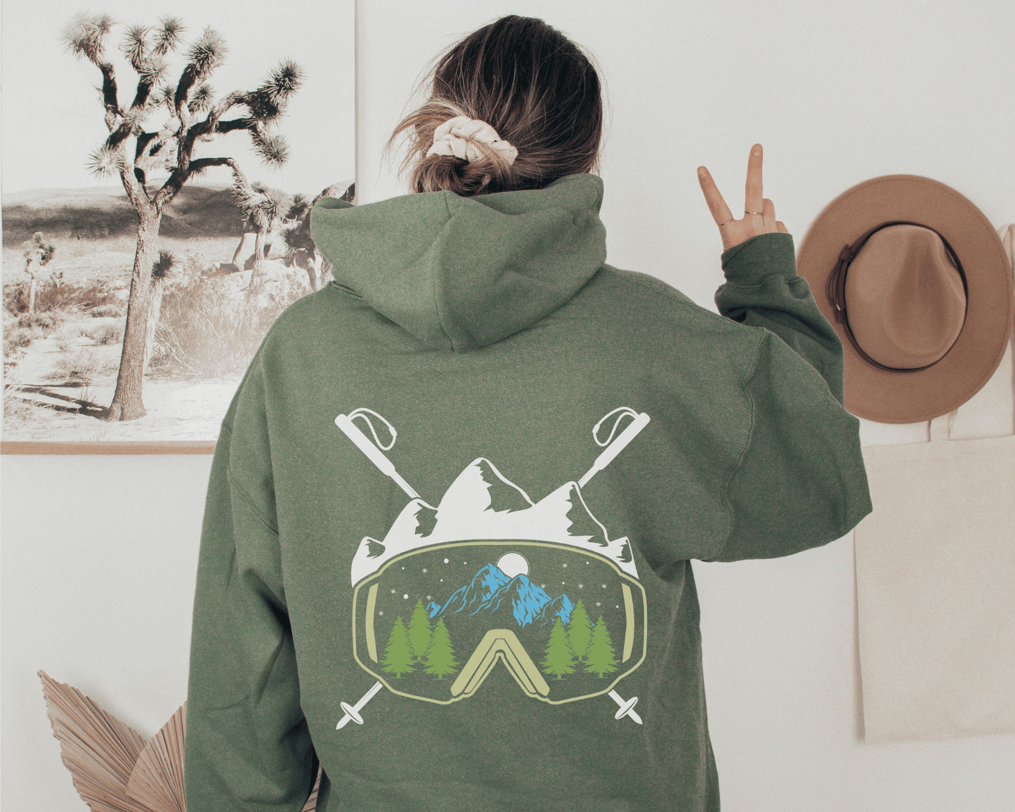 Ski Babe Hoodie in Military Green, back of hoodie.