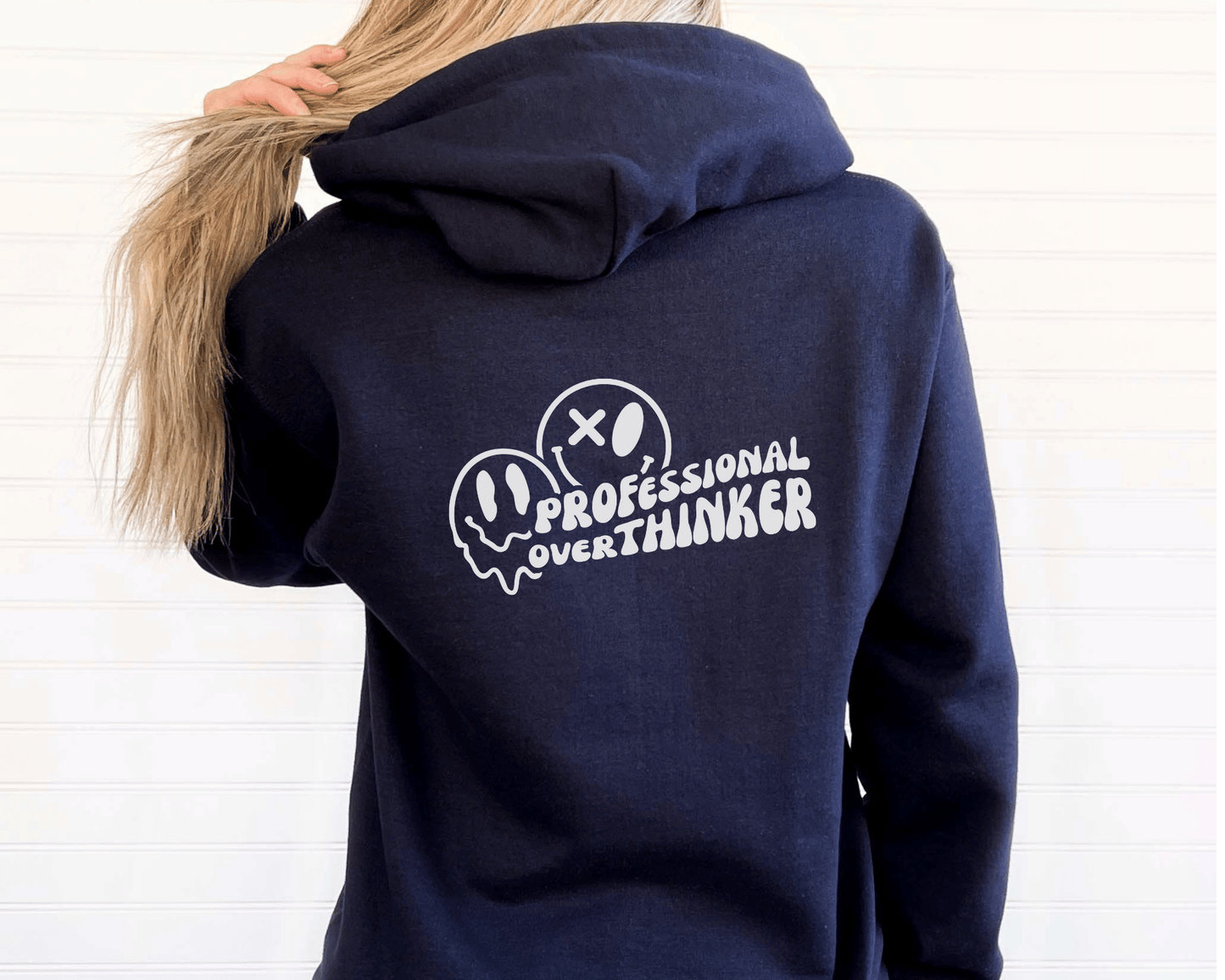 Professional Overthinker Hoodie in Navy, front of hoodie.