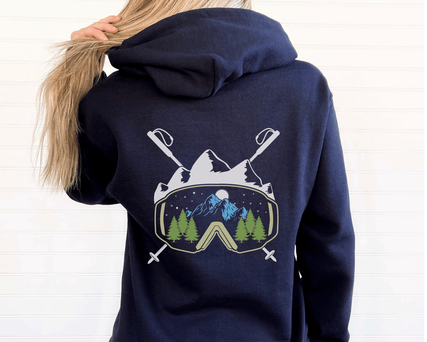 Ski Babe Hoodie in Navy, back of hoodie.