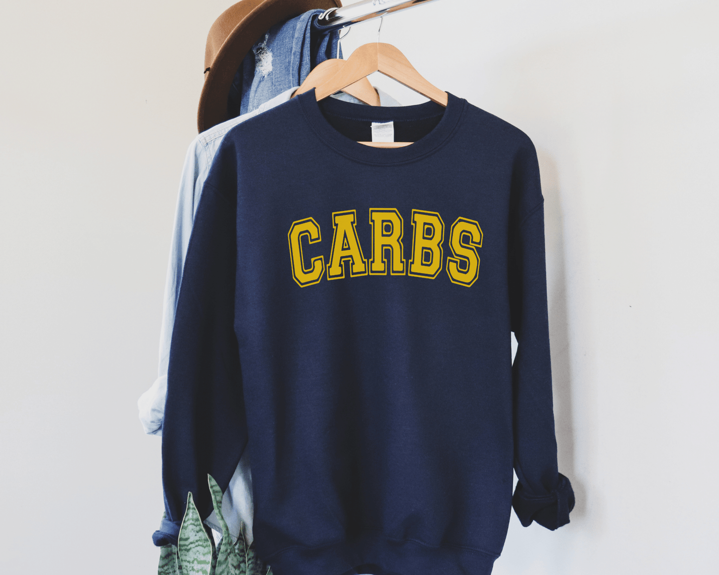 Carbs Sweatshirt in Navy, hanging.