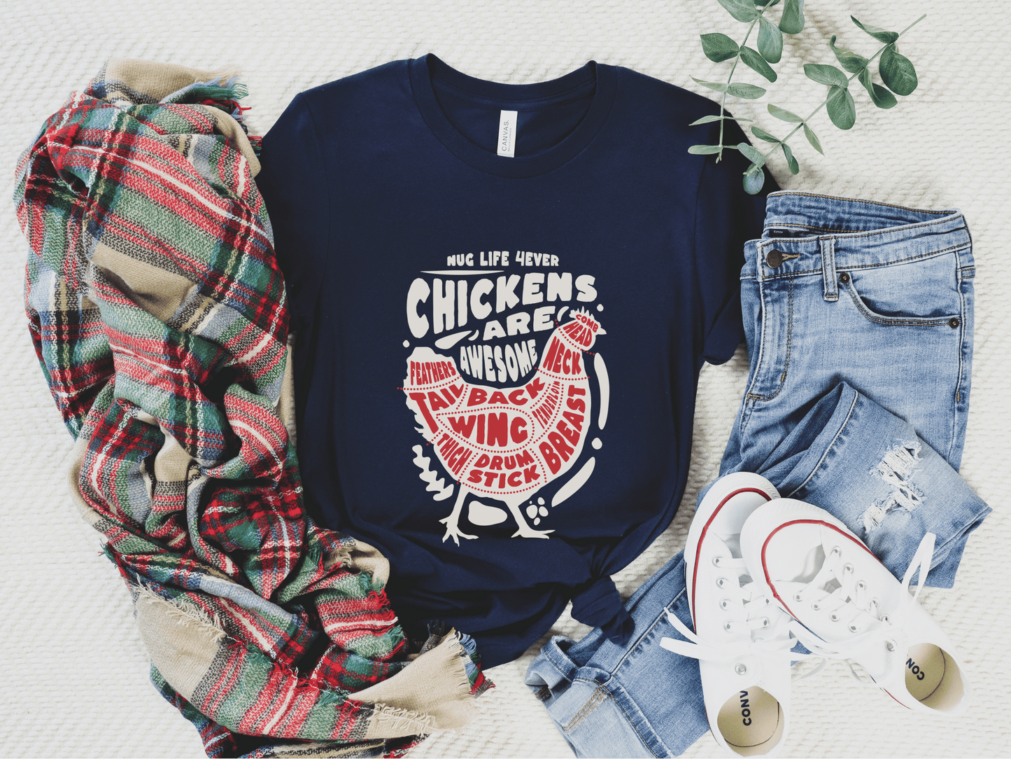 Chickens are Awesome T-shirt in Navy. Nug Life 4Ever. Sketch of a Chicken.